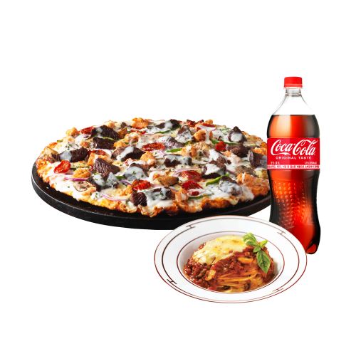 Black Angus Steak Pizza (Original) L + NEW Cheese Bolognese Spaghetti + Coke 1.25L