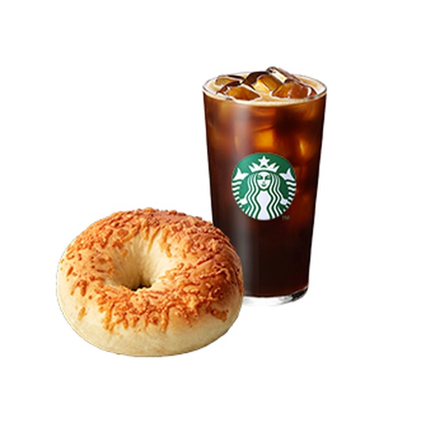[簡単な一食(ICE)] アイスカフェアメリカーノT + 湯種パルメザンチーズベーグル