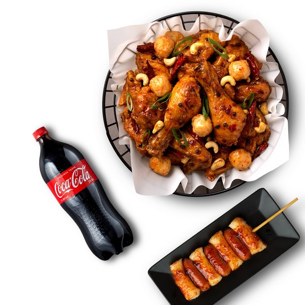 Mala Chicken + Extra Spicy Sausage and Rice Cake Skewer + Cola 1.25L